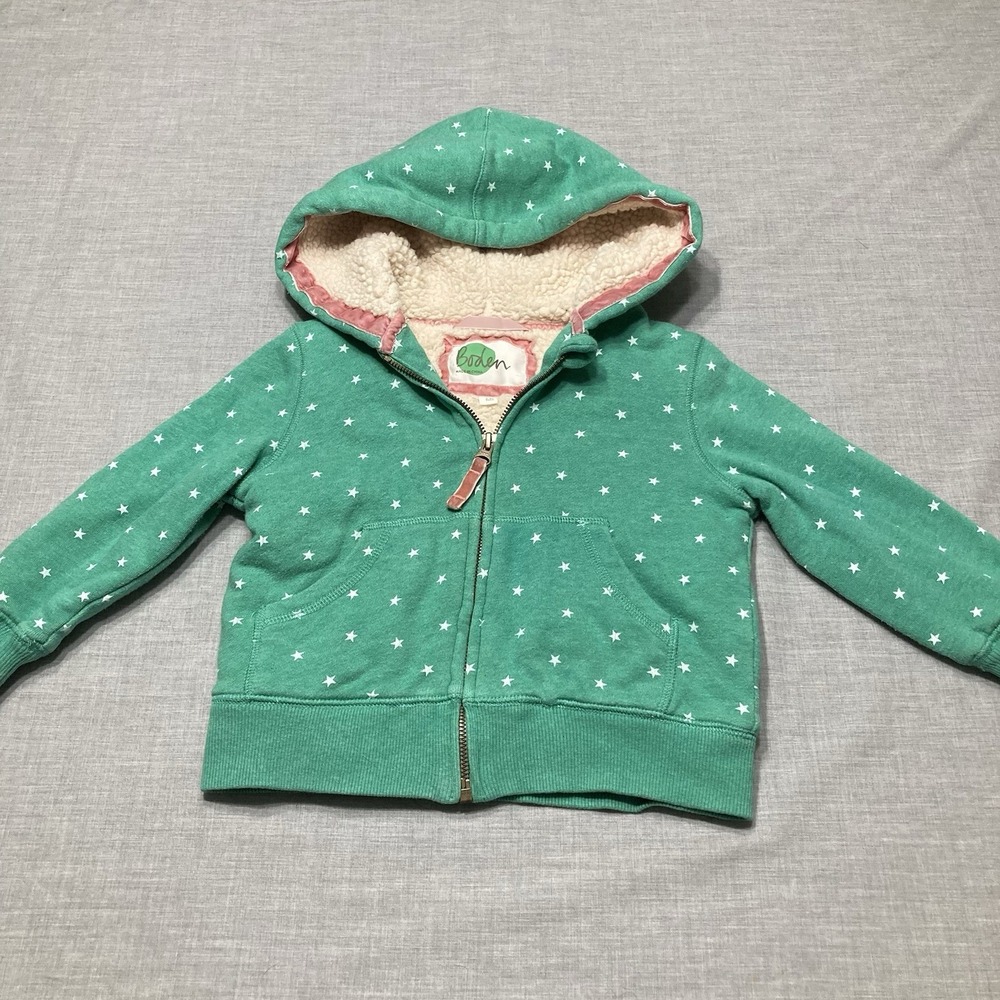 Mini Boden Sherpa Lined Zip Jacket Green White Stars Warm Hoodie Coat 2-3 Girls